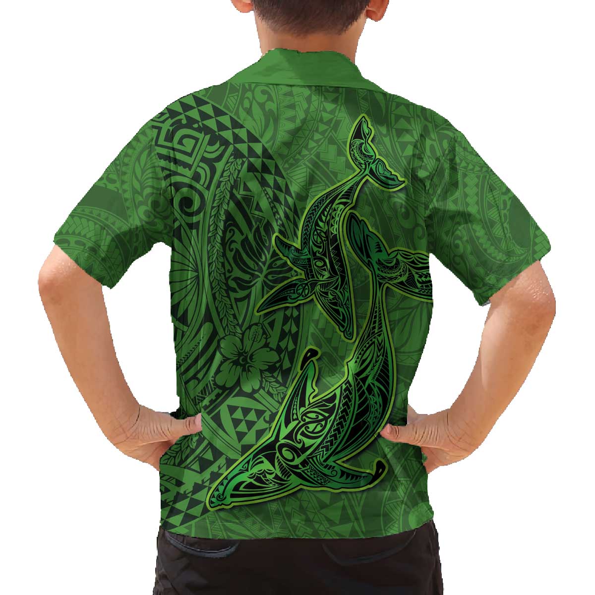 Hawaiian Whales Polynesian Art Motifs Family Matching Off The Shoulder Long Sleeve Dress and Hawaiian Shirt Green Color - Polynesian Pride