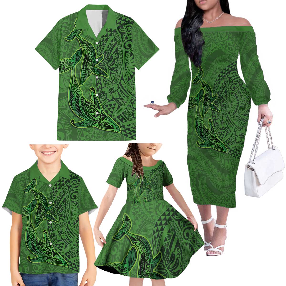 Hawaiian Whales Polynesian Art Motifs Family Matching Off The Shoulder Long Sleeve Dress and Hawaiian Shirt Green Color - Polynesian Pride
