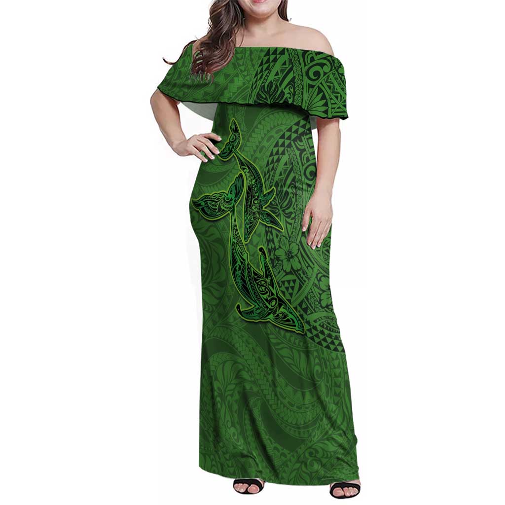 Hawaiian Whales Polynesian Art Motifs Family Matching Off Shoulder Maxi Dress and Hawaiian Shirt Green Color - Polynesian Pride