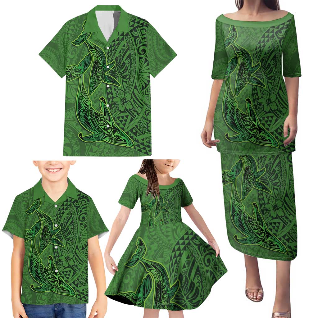 Hawaiian Whales Polynesian Art Motifs Family Matching Puletasi and Hawaiian Shirt Green Color - Polynesian Pride