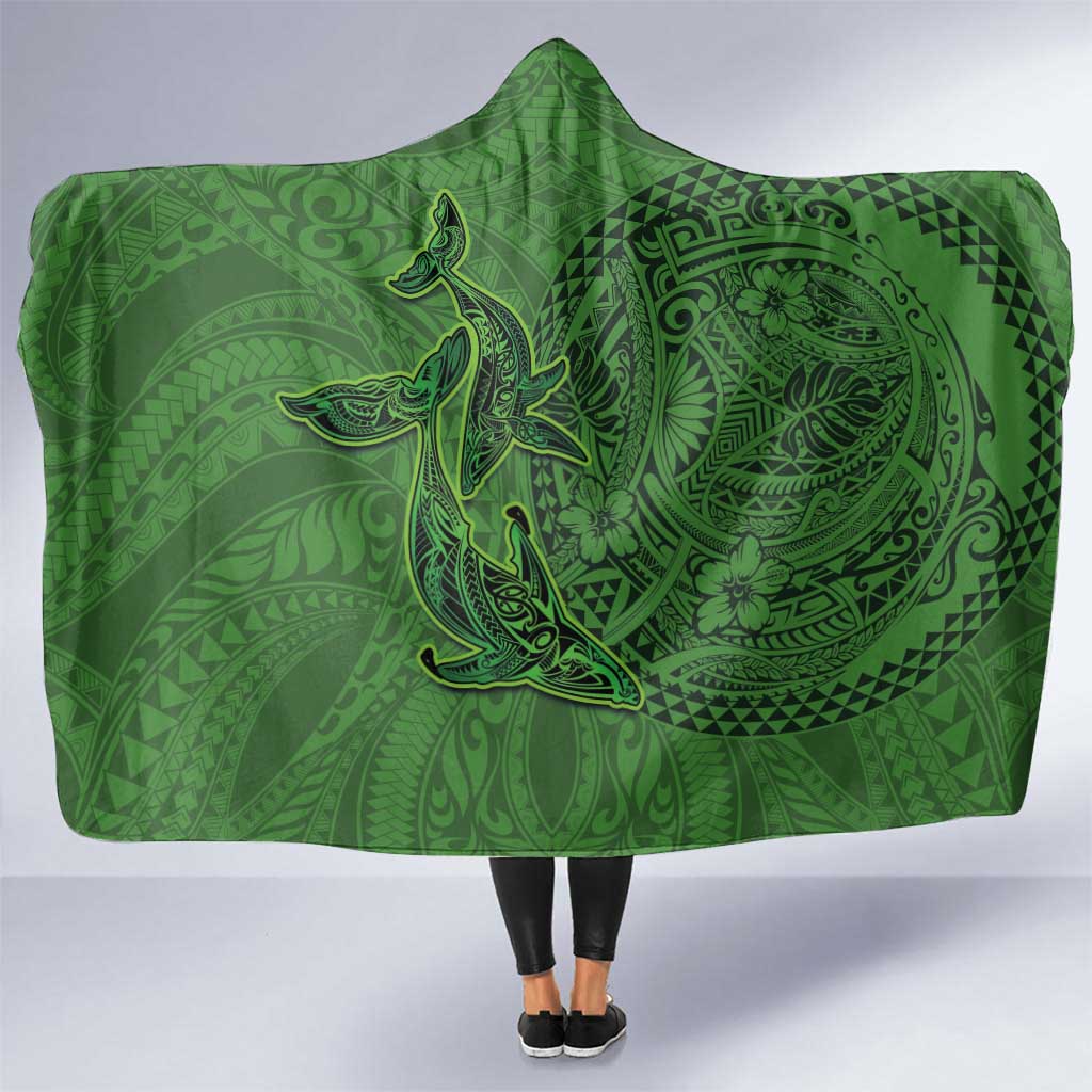 Hawaiian Whales Polynesian Art Motifs Hooded Blanket Green Color - Polynesian Pride
