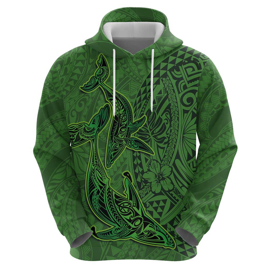 Hawaiian Whales Polynesian Art Motifs Hoodie Green Color - Polynesian Pride