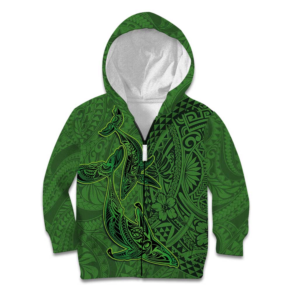 Hawaiian Whales Polynesian Art Motifs Kid Hoodie Green Color - Polynesian Pride