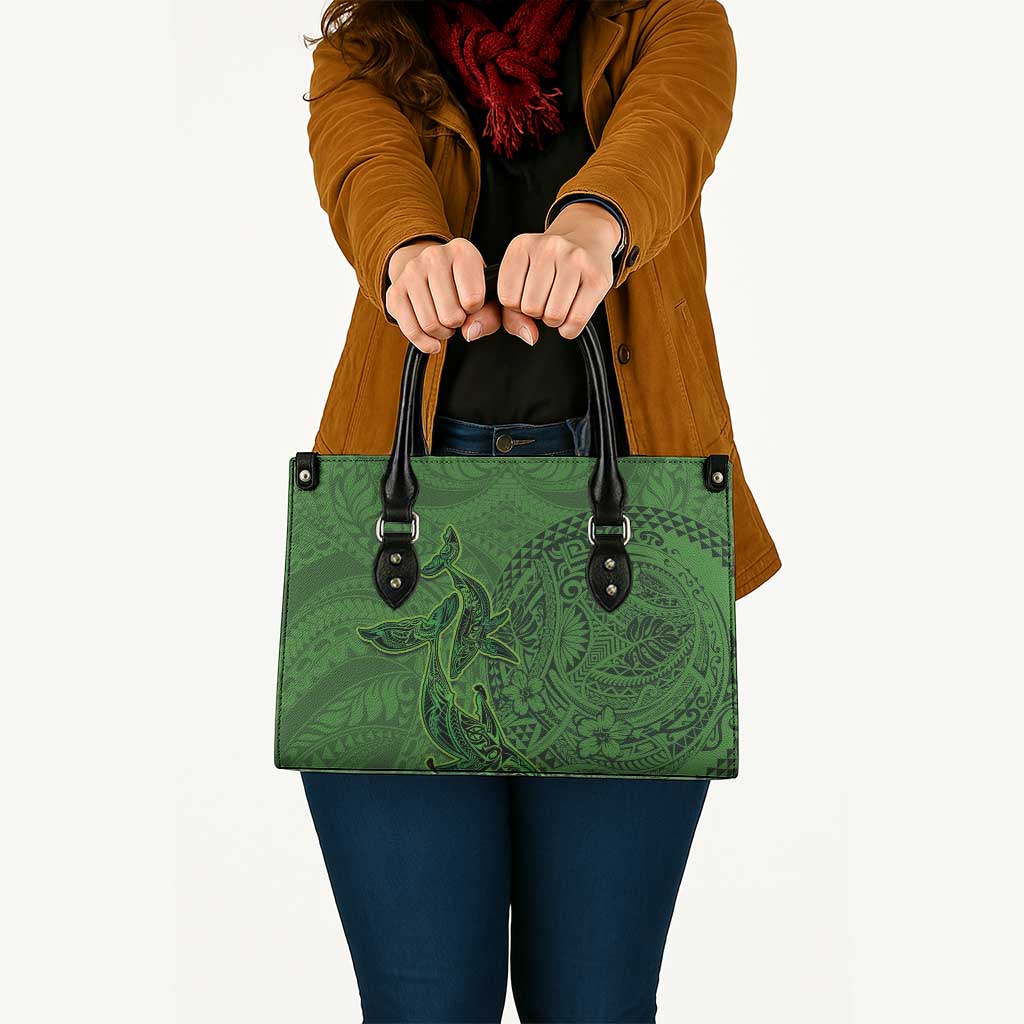 Hawaiian Whales Polynesian Art Motifs Leather Bag Green Color - Polynesian Pride