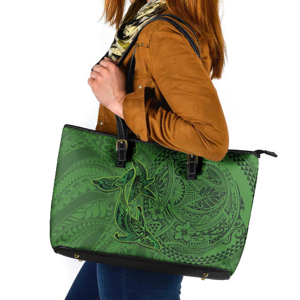 Hawaiian Whales Polynesian Art Motifs Leather Tote Bag Green Color - Polynesian Pride