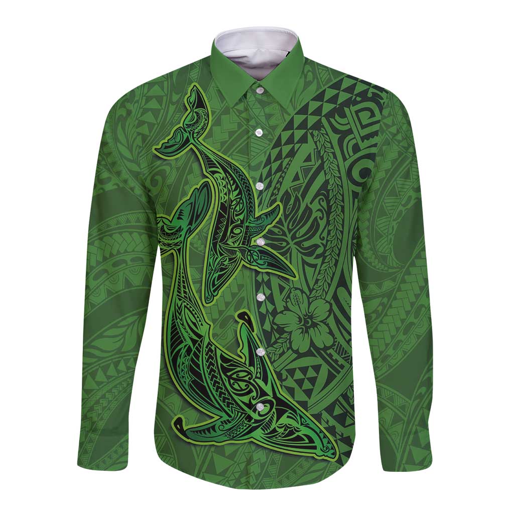 Hawaiian Whales Polynesian Art Motifs Long Sleeve Button Shirt Green Color - Polynesian Pride