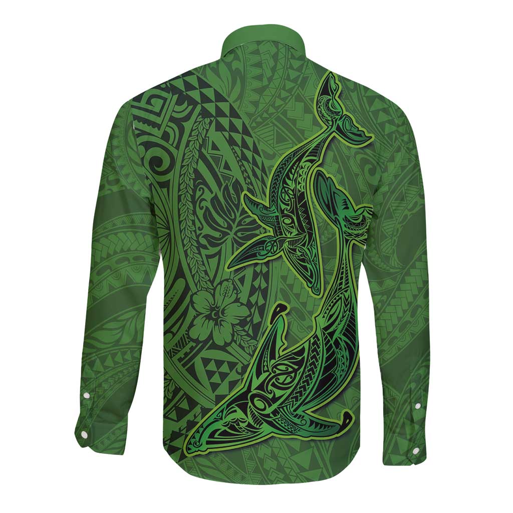 Hawaiian Whales Polynesian Art Motifs Long Sleeve Button Shirt Green Color - Polynesian Pride