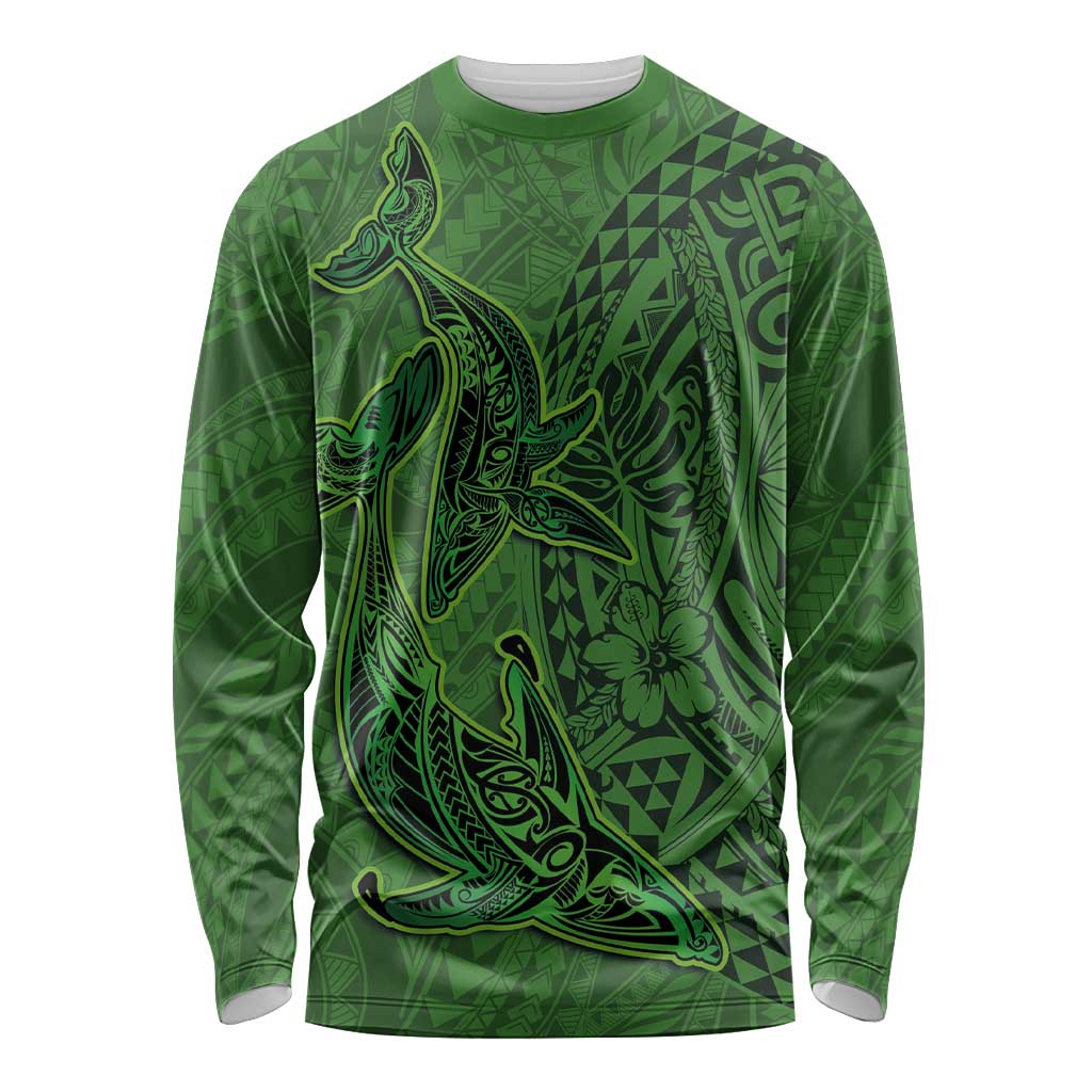 Hawaiian Whales Polynesian Art Motifs Long Sleeve Shirt Green Color - Polynesian Pride