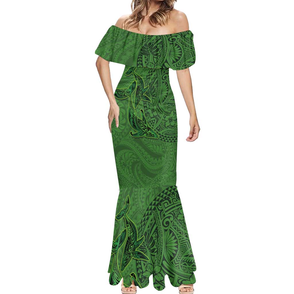 Hawaiian Whales Polynesian Art Motifs Mermaid Dress Green Color - Polynesian Pride