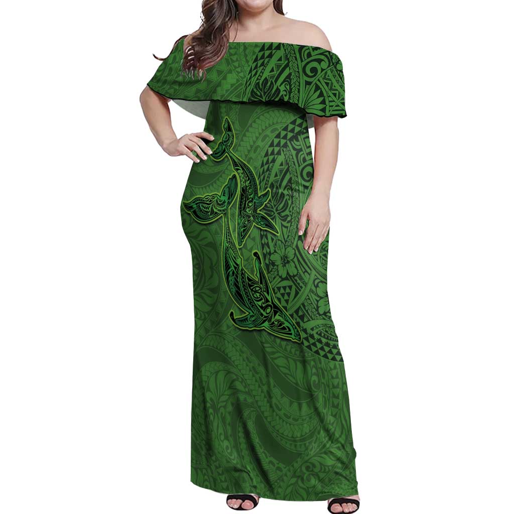 Hawaiian Whales Polynesian Art Motifs Off Shoulder Maxi Dress Green Color - Polynesian Pride