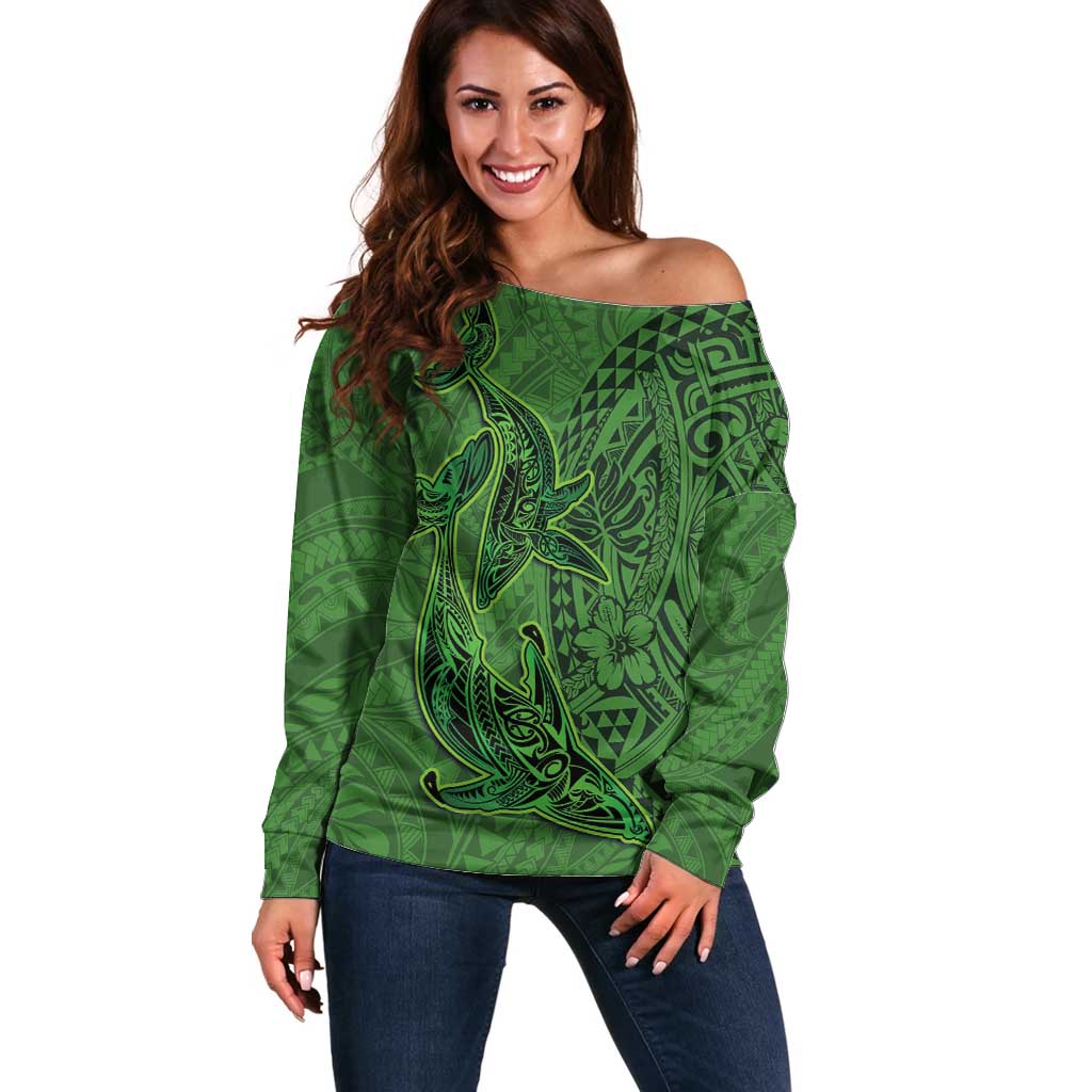 Hawaiian Whales Polynesian Art Motifs Off Shoulder Sweater Green Color - Polynesian Pride