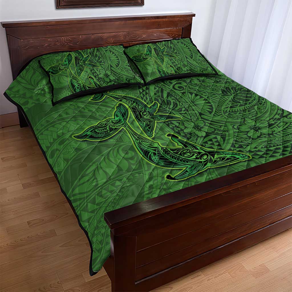 Hawaiian Whales Polynesian Art Motifs Quilt Bed Set Green Color - Polynesian Pride
