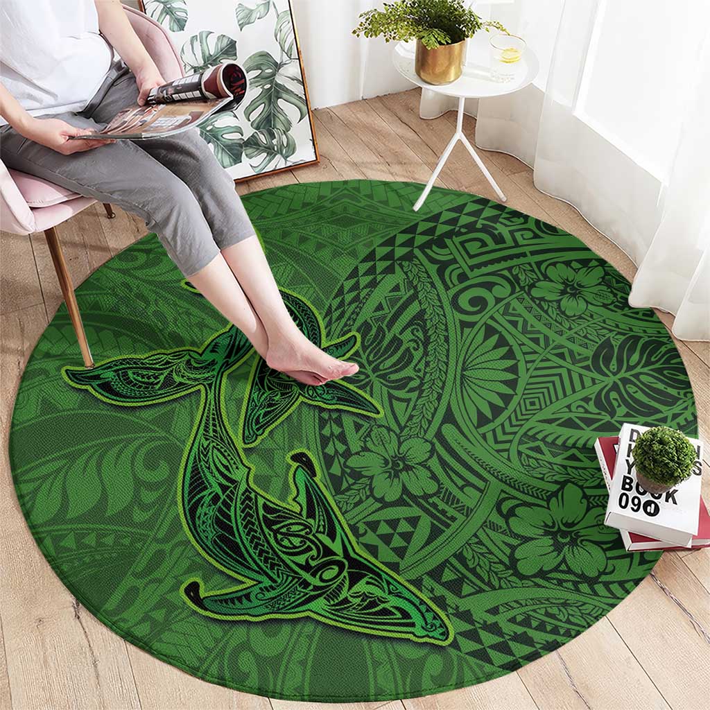 Hawaiian Whales Polynesian Art Motifs Round Carpet Green Color - Polynesian Pride