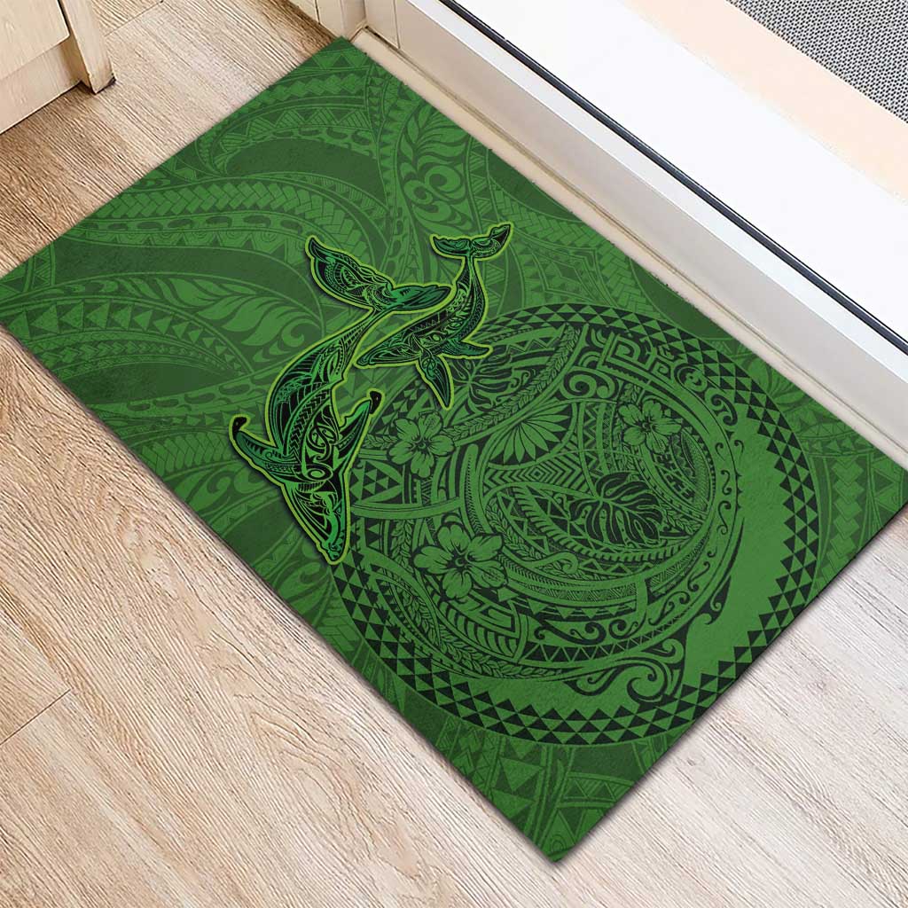 Hawaiian Whales Polynesian Art Motifs Rubber Doormat Green Color - Polynesian Pride