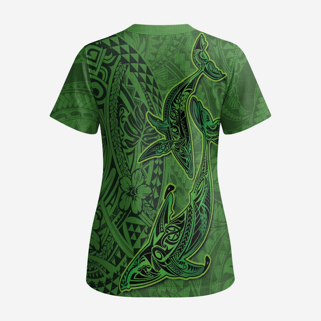 Hawaiian Whales Polynesian Art Motifs Scrub Top Green Color - Polynesian Pride