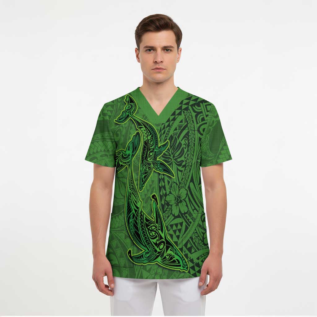 Hawaiian Whales Polynesian Art Motifs Scrub Top Green Color - Polynesian Pride