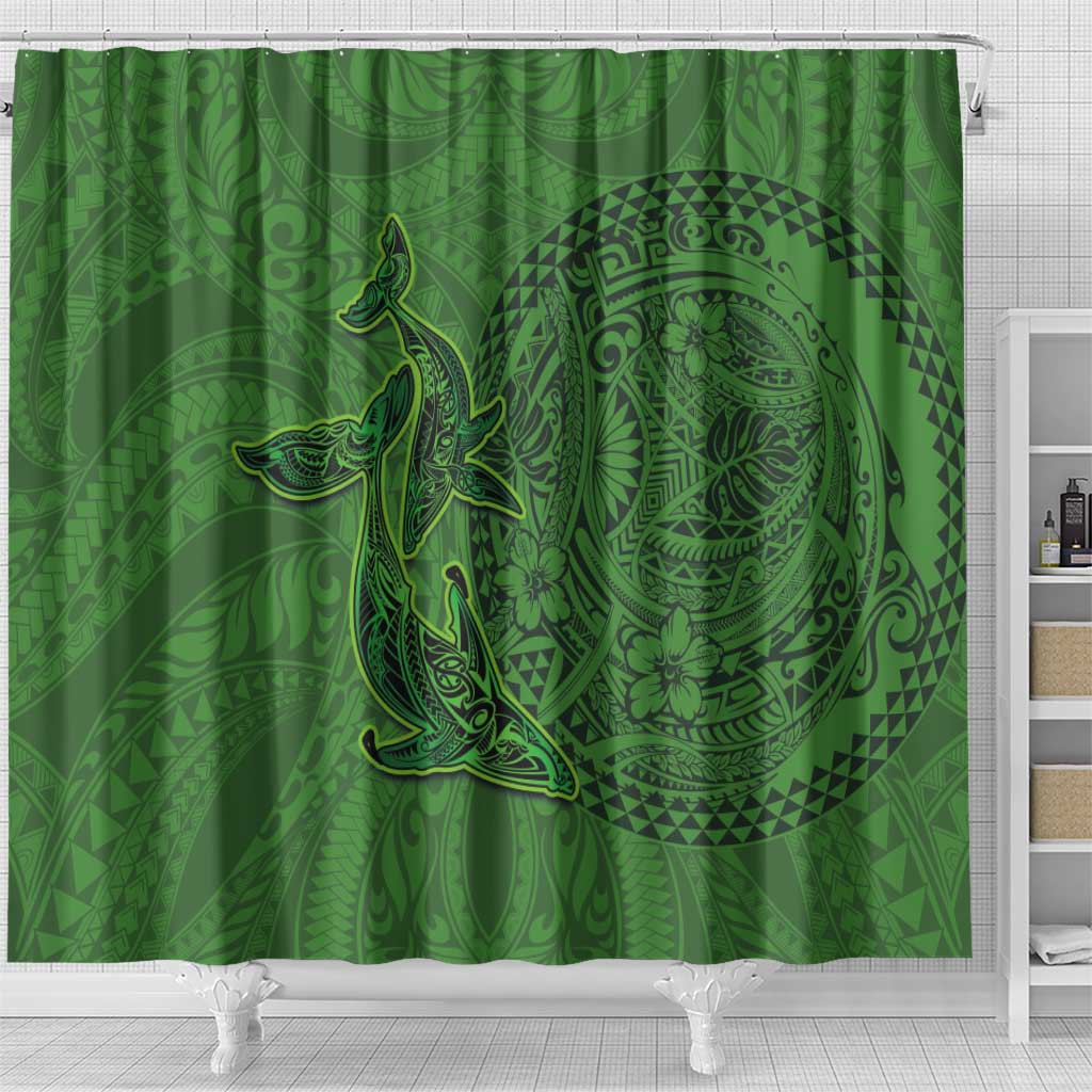 Hawaiian Whales Polynesian Art Motifs Shower Curtain Green Color - Polynesian Pride