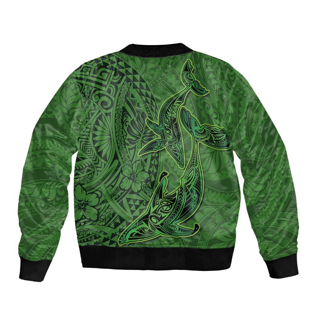 Hawaiian Whales Polynesian Art Motifs Sleeve Zip Bomber Jacket Green Color - Polynesian Pride
