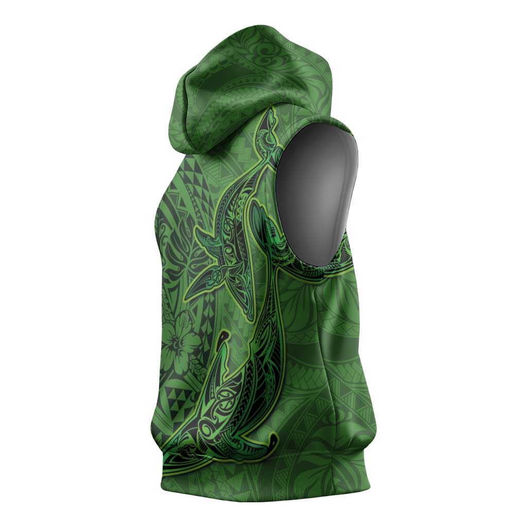 Hawaiian Whales Polynesian Art Motifs Sleeveless Hoodie Green Color - Polynesian Pride