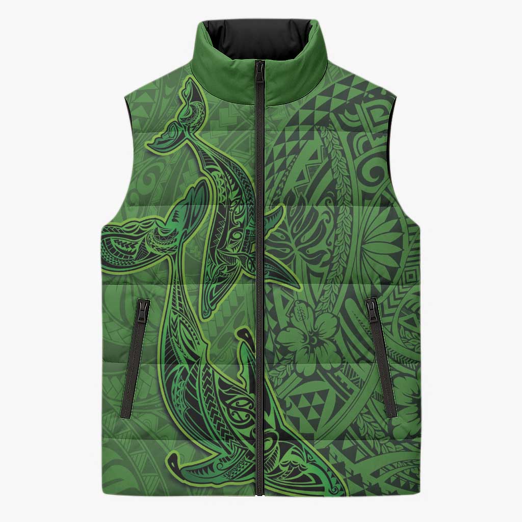 Hawaiian Whales Polynesian Art Motifs Sleeveless Puffer Jacket Green Color - Polynesian Pride