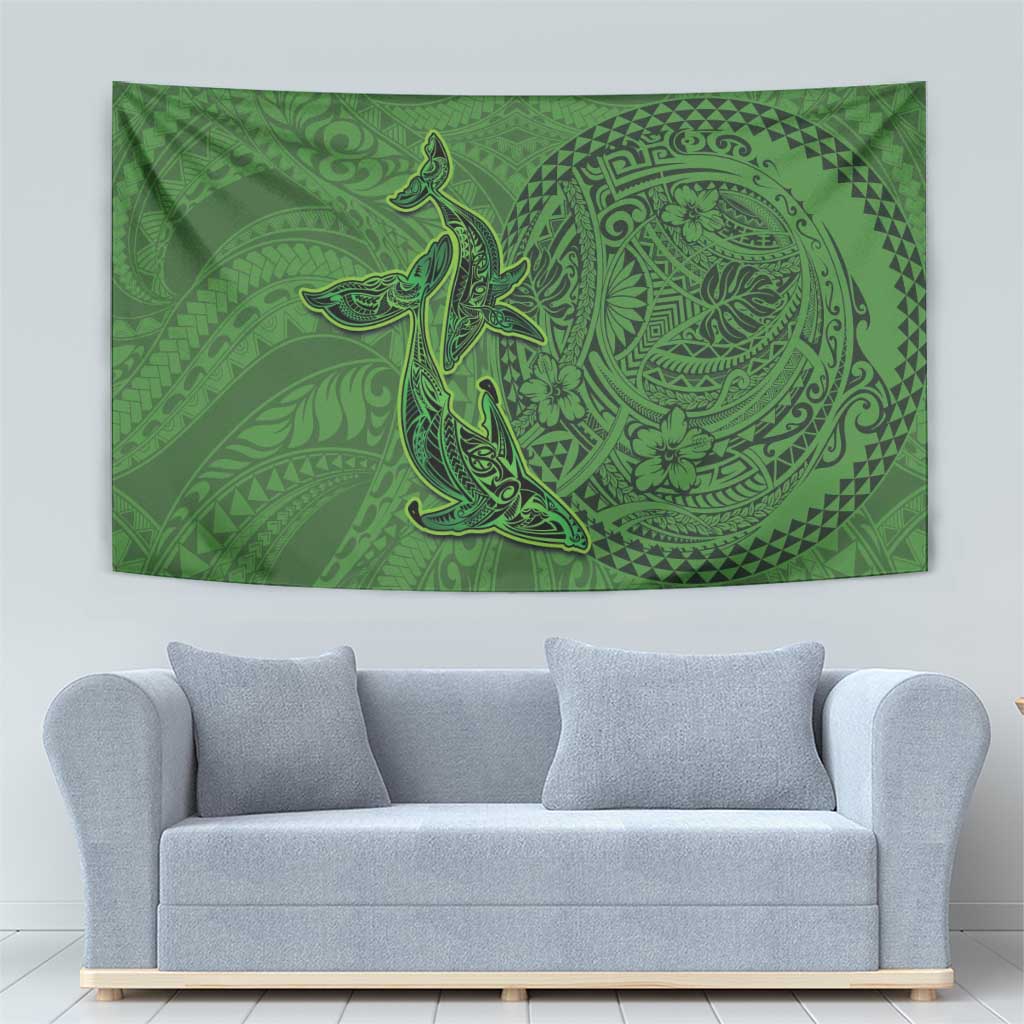 Hawaiian Whales Polynesian Art Motifs Tapestry Green Color - Polynesian Pride