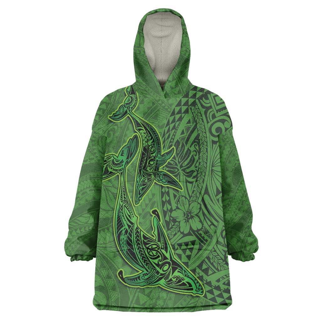 Hawaiian Whales Polynesian Art Motifs Wearable Blanket Hoodie Green Color - Polynesian Pride