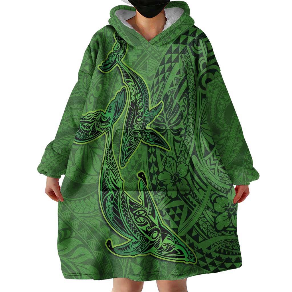 Hawaiian Whales Polynesian Art Motifs Wearable Blanket Hoodie Green Color - Polynesian Pride