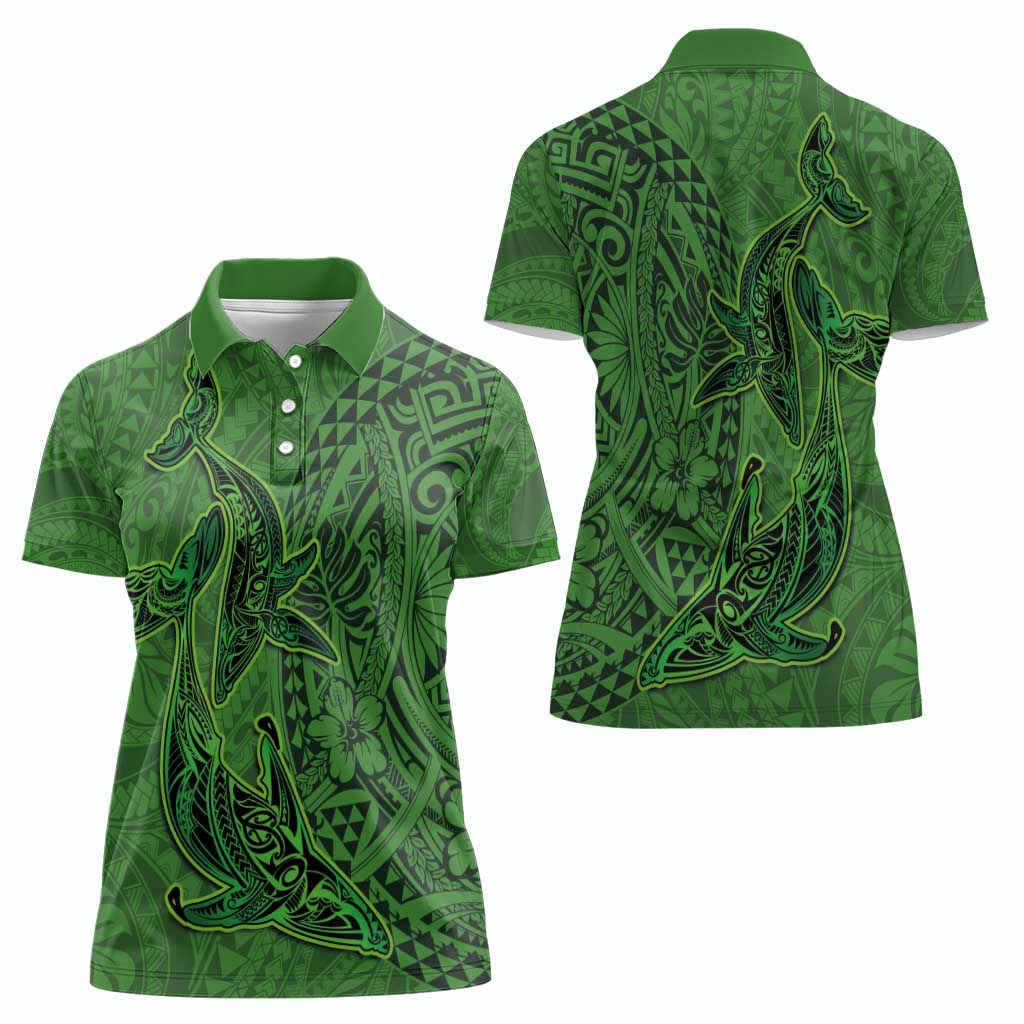 Hawaiian Whales Polynesian Art Motifs Women Polo Shirt Green Color - Polynesian Pride