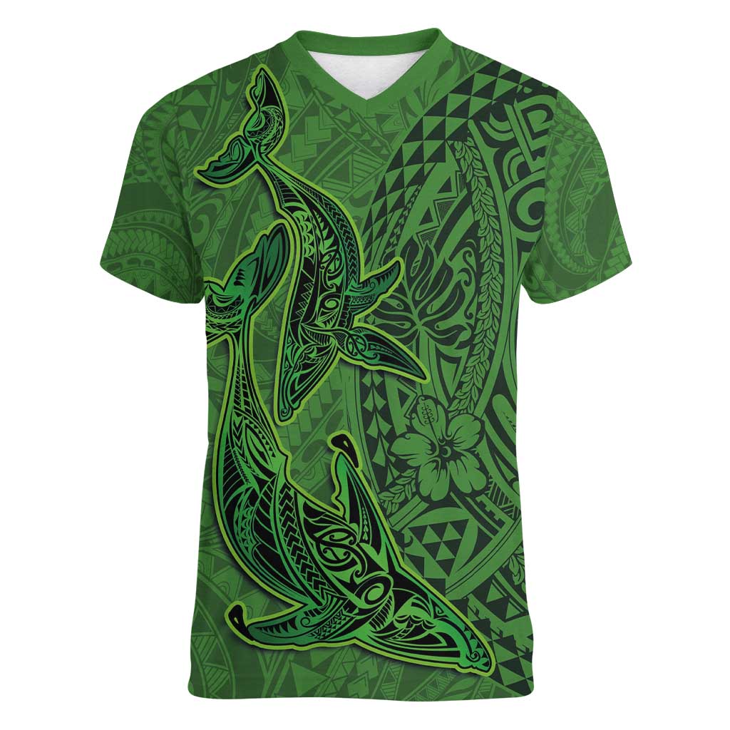 Hawaiian Whales Polynesian Art Motifs Women V-Neck T-Shirt Green Color - Polynesian Pride