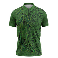 Hawaiian Whales Polynesian Art Motifs Zipper Polo Shirt Green Color - Polynesian Pride