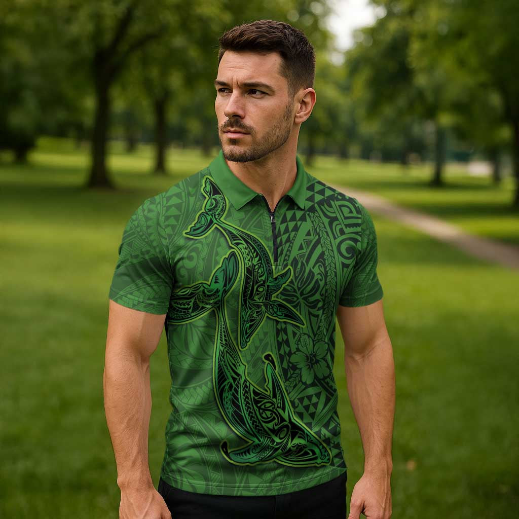 Hawaiian Whales Polynesian Art Motifs Zipper Polo Shirt Green Color - Polynesian Pride