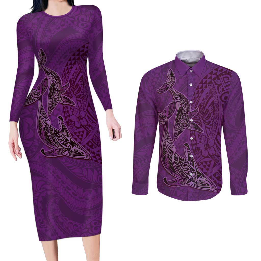 Hawaiian Whales Polynesian Art Motifs Couples Matching Long Sleeve Bodycon Dress and Long Sleeve Button Shirt Purple Color - Polynesian Pride