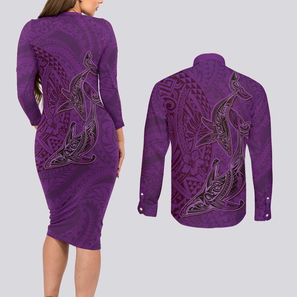 Hawaiian Whales Polynesian Art Motifs Couples Matching Long Sleeve Bodycon Dress and Long Sleeve Button Shirt Purple Color - Polynesian Pride