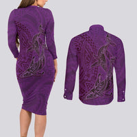 Hawaiian Whales Polynesian Art Motifs Couples Matching Long Sleeve Bodycon Dress and Long Sleeve Button Shirt Purple Color - Polynesian Pride