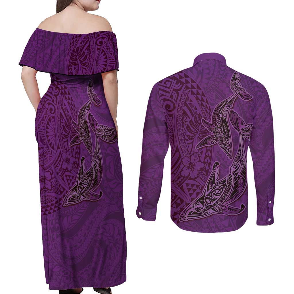 Hawaiian Whales Polynesian Art Motifs Couples Matching Off Shoulder Maxi Dress and Long Sleeve Button Shirt Purple Color - Polynesian Pride