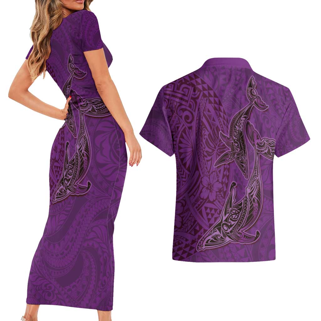 Hawaiian Whales Polynesian Art Motifs Couples Matching Short Sleeve Bodycon Dress and Hawaiian Shirt Purple Color - Polynesian Pride