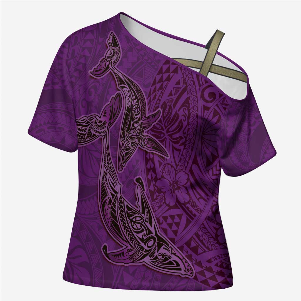 Hawaiian Whales Polynesian Art Motifs Cross Shoulder Shirt Purple Color - Polynesian Pride