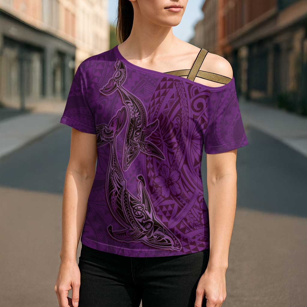 Hawaiian Whales Polynesian Art Motifs Cross Shoulder Shirt Purple Color - Polynesian Pride