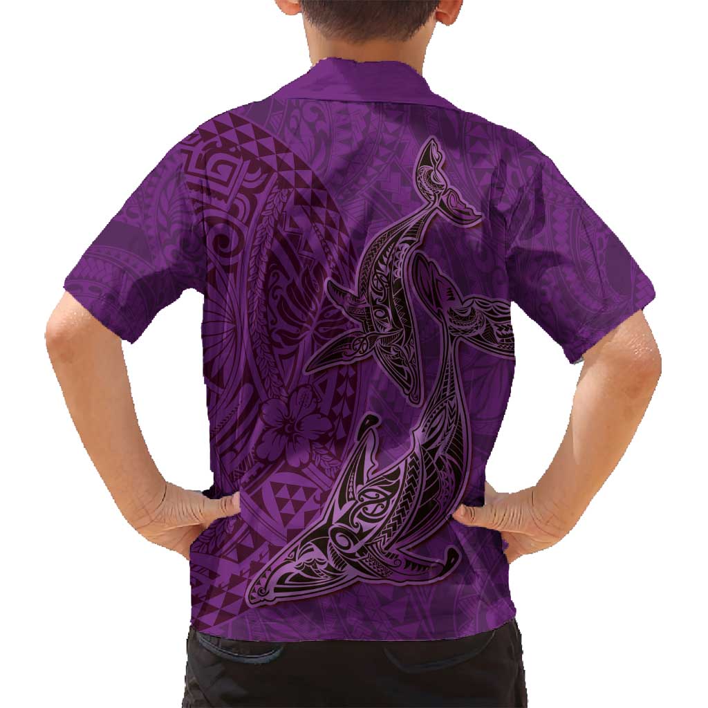 Hawaiian Whales Polynesian Art Motifs Family Matching Long Sleeve Bodycon Dress and Hawaiian Shirt Purple Color LT03 - Polynesian Pride