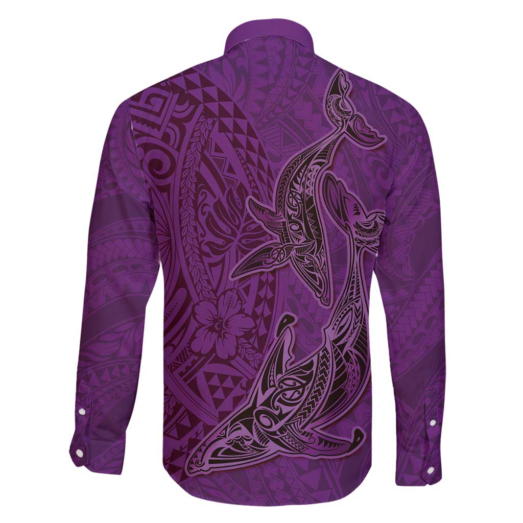 Hawaiian Whales Polynesian Art Motifs Family Matching Long Sleeve Bodycon Dress and Hawaiian Shirt Purple Color LT03 - Polynesian Pride