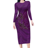 Hawaiian Whales Polynesian Art Motifs Family Matching Long Sleeve Bodycon Dress and Hawaiian Shirt Purple Color LT03 Mom's Dress Purple - Polynesian Pride