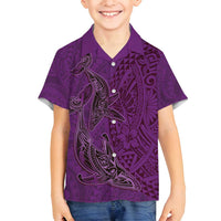 Hawaiian Whales Polynesian Art Motifs Family Matching Long Sleeve Bodycon Dress and Hawaiian Shirt Purple Color LT03 Son's Shirt Purple - Polynesian Pride
