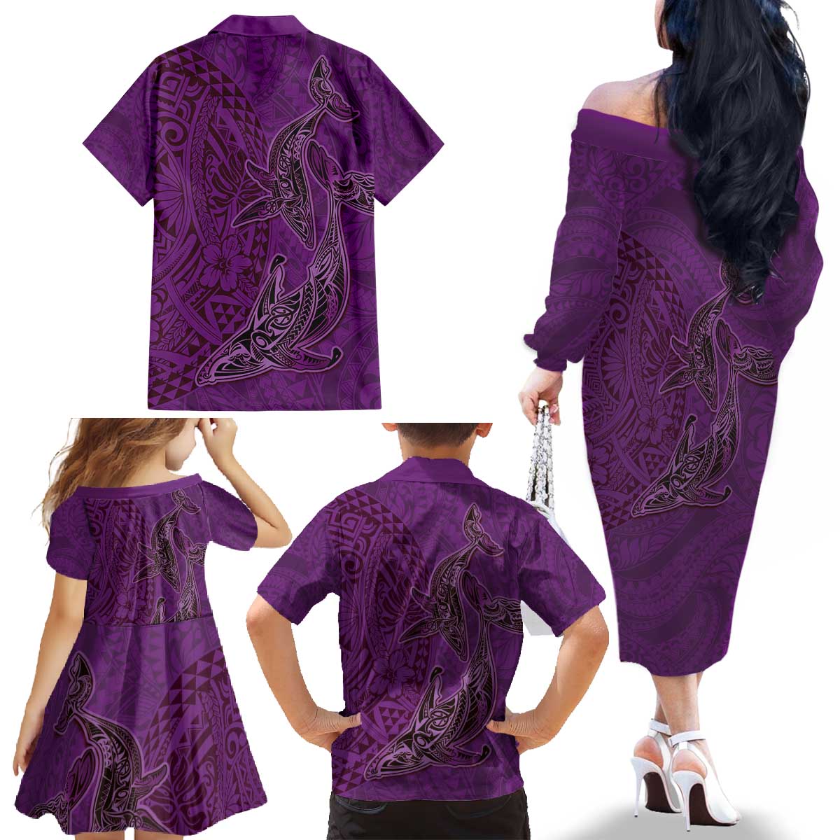 Hawaiian Whales Polynesian Art Motifs Family Matching Off The Shoulder Long Sleeve Dress and Hawaiian Shirt Purple Color - Polynesian Pride
