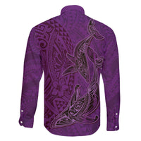 Hawaiian Whales Polynesian Art Motifs Family Matching Off The Shoulder Long Sleeve Dress and Hawaiian Shirt Purple Color - Polynesian Pride
