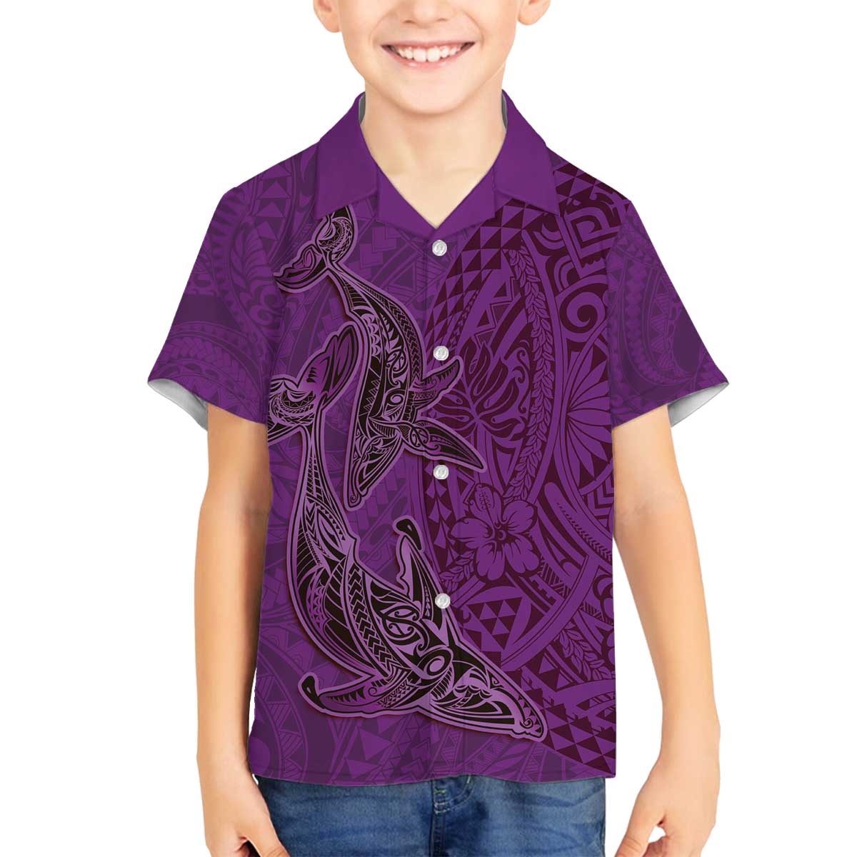Hawaiian Whales Polynesian Art Motifs Family Matching Off The Shoulder Long Sleeve Dress and Hawaiian Shirt Purple Color - Polynesian Pride