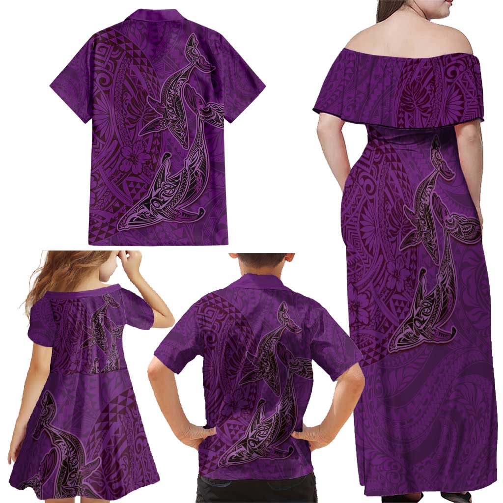 Hawaiian Whales Polynesian Art Motifs Family Matching Off Shoulder Maxi Dress and Hawaiian Shirt Purple Color - Polynesian Pride