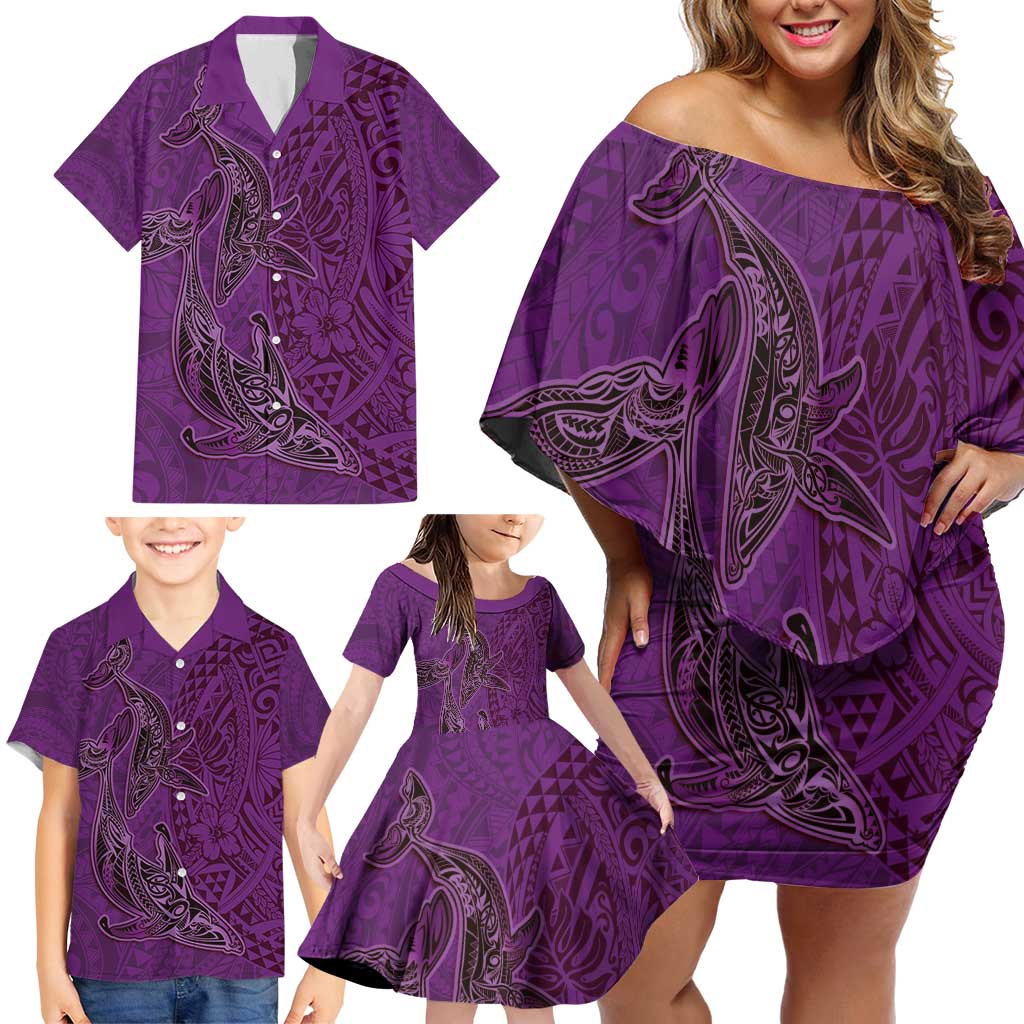 Hawaiian Whales Polynesian Art Motifs Family Matching Off Shoulder Short Dress and Hawaiian Shirt Purple Color - Polynesian Pride