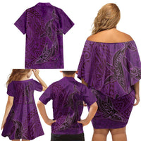 Hawaiian Whales Polynesian Art Motifs Family Matching Off Shoulder Short Dress and Hawaiian Shirt Purple Color - Polynesian Pride