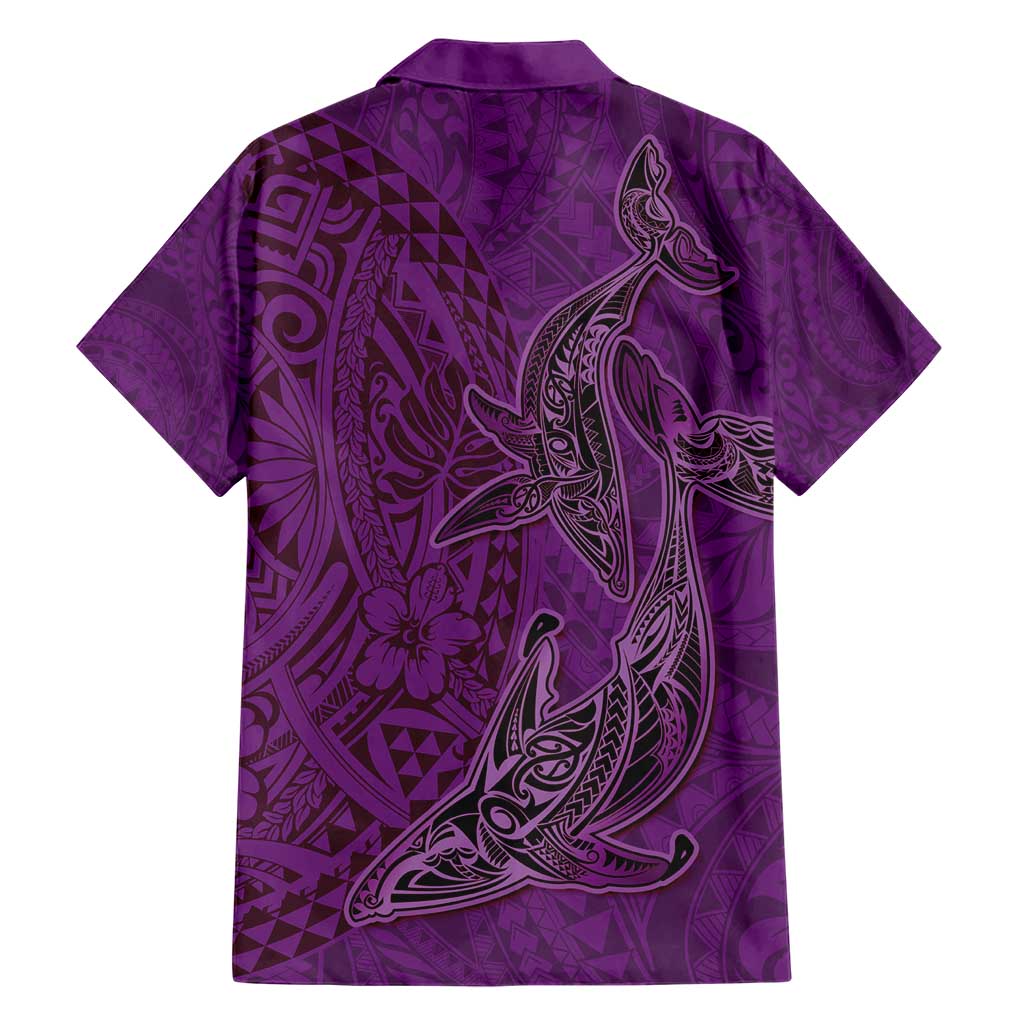 Hawaiian Whales Polynesian Art Motifs Family Matching Short Sleeve Bodycon Dress and Hawaiian Shirt Purple Color - Polynesian Pride