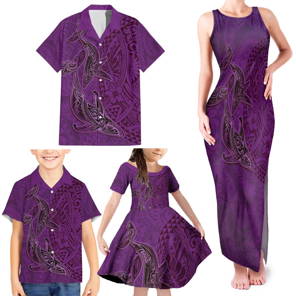 Hawaiian Whales Polynesian Art Motifs Family Matching Tank Maxi Dress and Hawaiian Shirt Purple Color - Polynesian Pride